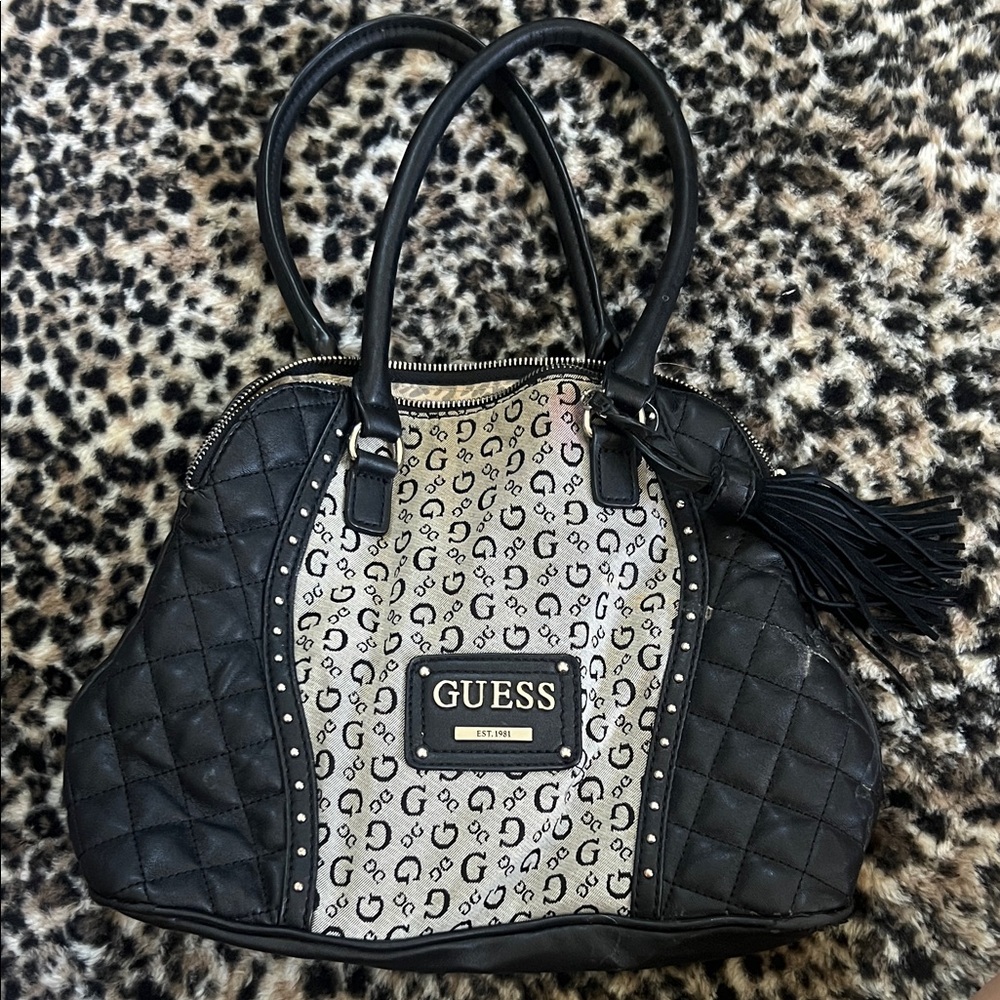 Guess Black and Cream Leopard Satchel